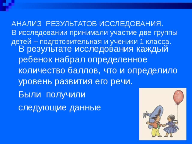 АНАЛИЗ РЕЗУЛЬТАТОВ ИССЛЕДОВАНИЯ.  В исследовании принимали участие две группы детей – подготовительная и ученики 1 класса.   В результате исследования каждый ребенок набрал определенное количество баллов, что и определило уровень развития его речи. Были получили  следующие данные  