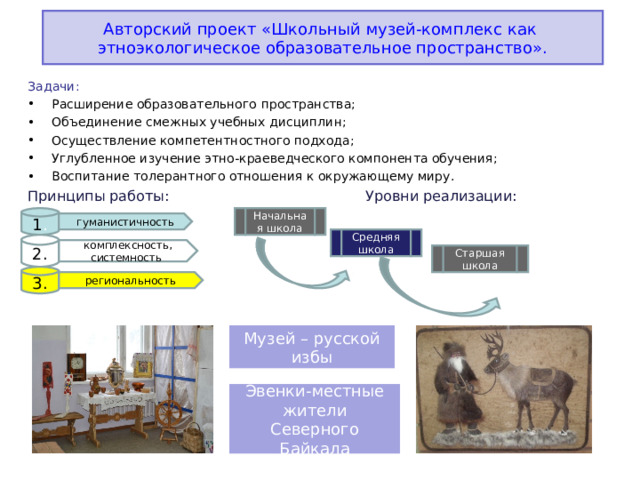 Авторский проект «Школьный музей-комплекс как этноэкологическое образовательное пространство». Задачи: Расширение образовательного пространства; Объединение смежных учебных дисциплин; Осуществление компетентностного подхода; Углубленное изучение этно-краеведческого компонента обучения; Воспитание толерантного отношения к окружающему миру. Принципы работы: Уровни реализации: 1 . Начальная школа гуманистичность Средняя школа 2. комплексность, системность Старшая школа 3. региональность Музей – русской избы Эвенки-местные жители Северного Байкала 