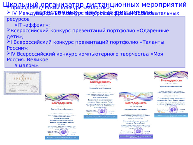 Школьный организатор дистанционных мероприятий естественно - научных дисциплин. Природоведческий конкурс «Колосок»;  IV Международный конкурс авторов цифровых образовательных ресурсов  « IT –эффект»; Всероссийский конкурс презентаций портфолио «Одаренные дети»; I Всероссийский конкурс презентаций портфолио «Таланты России»; IV Всероссийский конкурс компьютерного творчества «Моя Россия. Великое  в малом». 