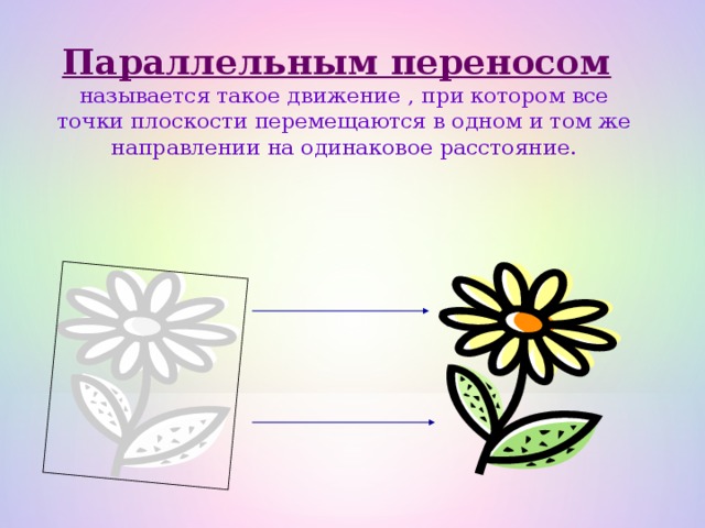 Параллельным переносом называется такое движение , при котором все точки плоскости перемещаются в одном и том же направлении на одинаковое расстояние. 