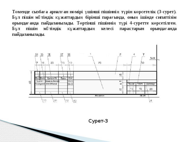 Төменде сызбаға арналған нөмірі үшінші пішіннің түрін көрсетелік (3-сурет). Бұл пішін мəтіндік құжаттардың бірінші парағында, оның ішінде сипаттізім орындағанда пайдаланылады. Төртінші пішіннің түрі 4-суретте көрсетілген. Бұл пішін мəтіндік құжаттардың келесі парақтарын орындағанда пайдаланылады. Сурет-3 