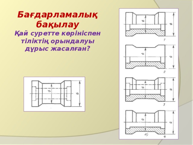 Бағдарламалық бақылау  Қай суретте көрініспен тіліктің орындалуы дұрыс жасалған? 