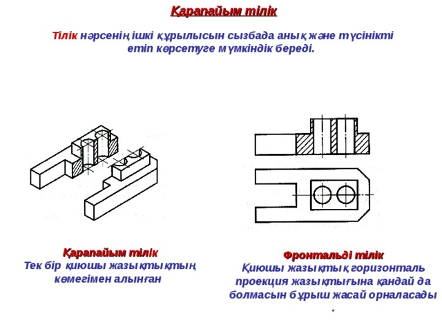 Қарапайым тілік   Тілік нәрсенің ішкі құрылысын сызбада анық және түсінікті етіп көрсетуге мүмкіндік береді.   Қарапайым тілік Тек бір қиюшы жазықтықтың көмегімен алынған  Фронтальді тілік Қиюшы жазықтық горизонталь проекция жазықтығына қандай да болмасын бұрыш жасай орналасады . 