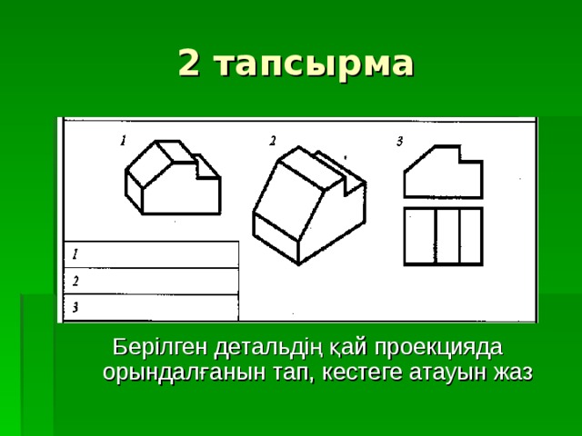 2 тапсырма Бер ілген детальдің қай проекцияда орындалғанын тап, кестеге атауын жаз 