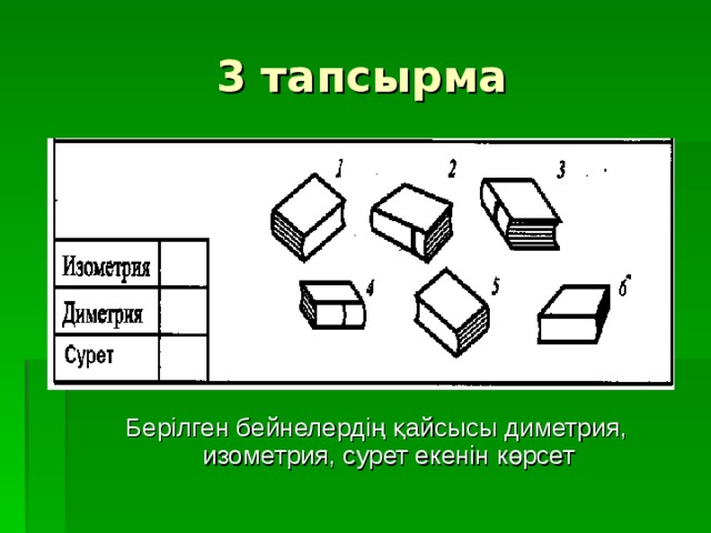 3 тапсырма Б ерілген бейнелердің қайсысы диметрия, изометрия, сурет екенін көрсет 