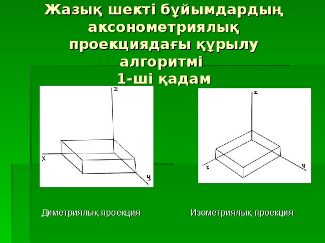  Жазық шекті бұйымдардың аксонометриялық проекциядағы құрылу алгоритмі  1-ші қадам   Диметриялы қ проекция Изометриялық проекция 