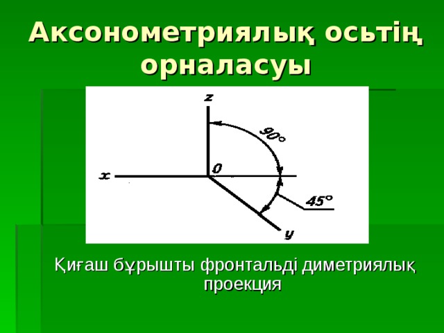Аксонометриялық осьтің орналасуы Қиғаш бұрышты фронтальді диметриялық проекция 