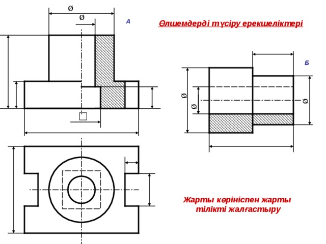 Ø Ø Ø Ø Ø А Өлшемдерді түсіру ерекшеліктері Б □ Жарты көрініспен жарты тілікті жалғастыру 