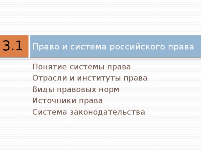 Право и система российского права 3.1 Понятие системы права Отрасли и институты права Виды правовых норм Источники права Система законодательства 