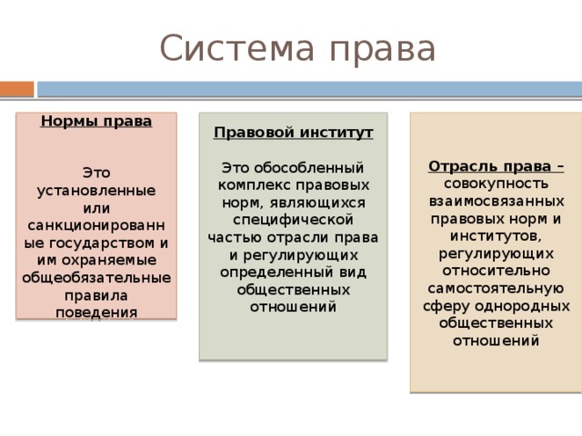 Система права Нормы права Правовой институт Отрасль права – совокупность взаимосвязанных правовых норм и институтов, регулирующих относительно самостоятельную сферу однородных общественных отношений  Это обособленный комплекс правовых норм, являющихся специфической частью отрасли права и регулирующих определенный вид общественных отношений Это установленные или санкционированные государством и им охраняемые общеобязательные правила поведения 