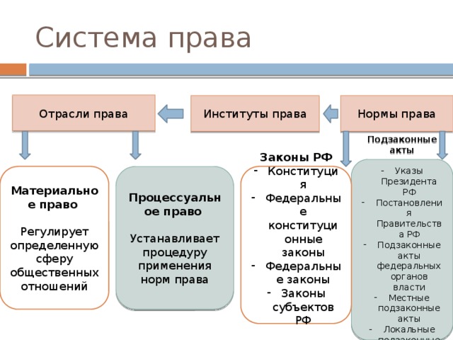 Система права Отрасли права Институты права Нормы права Подзаконные акты  Указы Президента РФ Постановления Правительства РФ Подзаконные акты федеральных органов власти Местные подзаконные акты Локальные подзаконные акты Процессуальное право Материальное право Законы РФ Конституция Федеральные конституционные законы Федеральные законы Законы субъектов РФ Устанавливает процедуру применения норм права Регулирует определенную сферу общественных отношений 