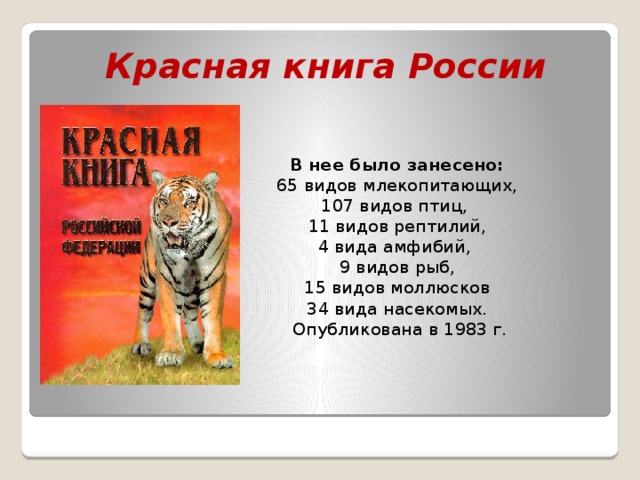 Красная книга России  В нее было занесено:   65 видов млекопитающих,  107 видов птиц,   11 видов рептилий,  4 вида амфибий,   9 видов рыб,  15 видов моллюсков  34 вида насекомых.  Опубликована в 1983 г.   