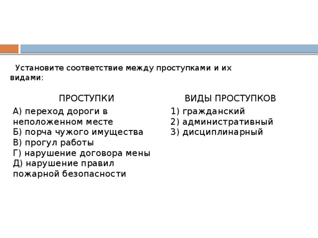 Установите соответствие между проступками и их видами: ПРОСТУПКИ   А) переход дороги в неположенном месте ВИДЫ ПРОСТУПКОВ Б) порча чужого имущества   В) прогул работы 1) гражданский Г) нарушение договора мены 2) административный Д) нарушение правил пожарной безопасности 3) дисциплинарный 