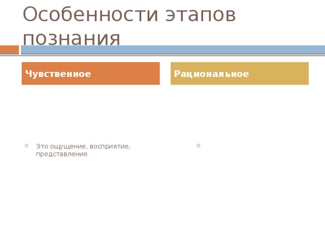 Познание Чувственное Рациональное С помощью чувственного познания мы можем судить о внешних свойствах отдельных предметов (форма, величина, цвет) Отвлекается от частных, несущественных свойств отдельных предметов, соотносит их существенные признаки 