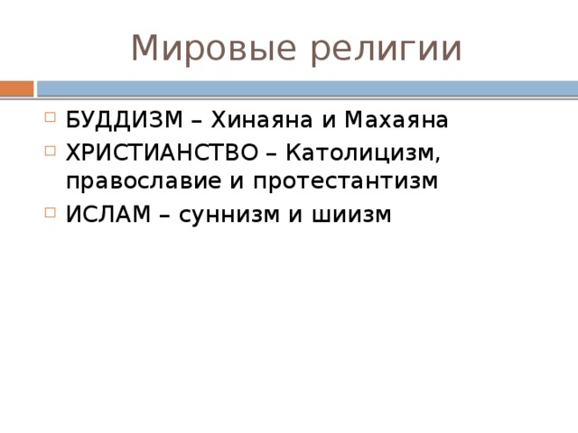 Мировые религии БУДДИЗМ ХРИСТИАНСТВО ИСЛАМ 