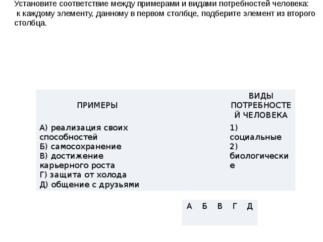 Установите соответствие между примерами и видами потребностей человека:  к каждому элементу, данному в первом столбце, подберите элемент из второго столбца.     ПРИМЕРЫ   А) реализация своих способностей ВИДЫ ПОТРЕБНОСТЕЙ ЧЕЛОВЕКА   Б) самосохранение В) достижение карьерного роста 1) социальные Г) защита от холода 2) биологические Д) общение с друзьями А   Б   В   Г   Д   