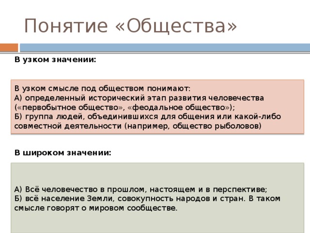 Понятие «Общества» В узком значении: В узком смысле под обществом понимают: А) определенный исторический этап развития человечества («первобытное общество», «феодальное общество»); Б) группа людей, объединившихся для общения или какой-либо совместной деятельности (например, общество рыболовов) В широком значении: А) Всё человечество в прошлом, настоящем и в перспективе; Б) всё население Земли, совокупность народов и стран. В таком смысле говорят о мировом сообществе. 