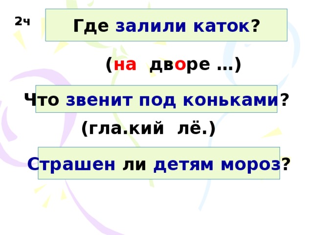 Где залили каток ? 2ч ( на дв о ре …) Что звенит  под коньками ? (гла.кий лё.) Страшен ли детям мороз ? 