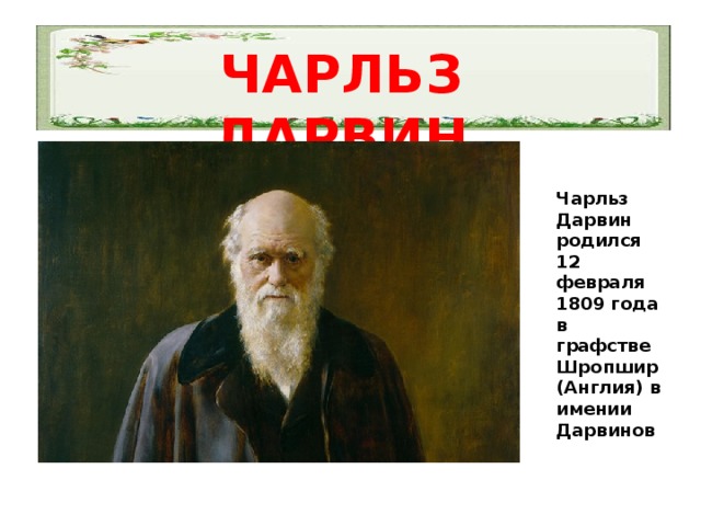 ЧАРЛЬЗ ДАРВИН   Чарльз Дарвин родился 12 февраля 1809 года в графстве Шропшир (Англия) в имении Дарвинов 