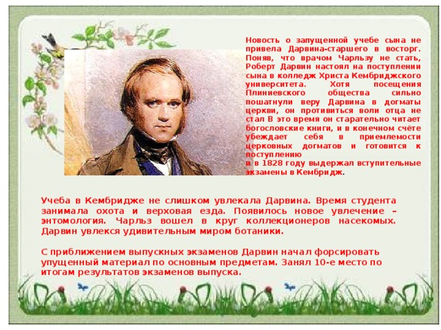 Новость о запущенной учебе сына не привела Дарвина-старшего в восторг. Поняв, что врачом Чарльзу не стать, Роберт Дарвин настоял на поступлении сына в колледж Христа Кембриджского университета. Хотя посещения Плиниевского общества сильно пошатнули веру Дарвина в догматы церкви, он противиться воли отца не стал В это время он старательно читает богословские книги, и в конечном счёте убеждает себя в приемлемости церковных догматов и готовится к поступлению и в 1828 году выдержал вступительные экзамены в Кембридж . Учеба в Кембридже не слишком увлекала Дарвина. Время студента занимала охота и верховая езда. Появилось новое увлечение – энтомология. Чарльз вошел в круг коллекционеров насекомых. Дарвин увлекся удивительным миром ботаники. С приближением выпускных экзаменов Дарвин начал форсировать упущенный материал по основным предметам. Занял 10-е место по итогам результатов экзаменов выпуска.   