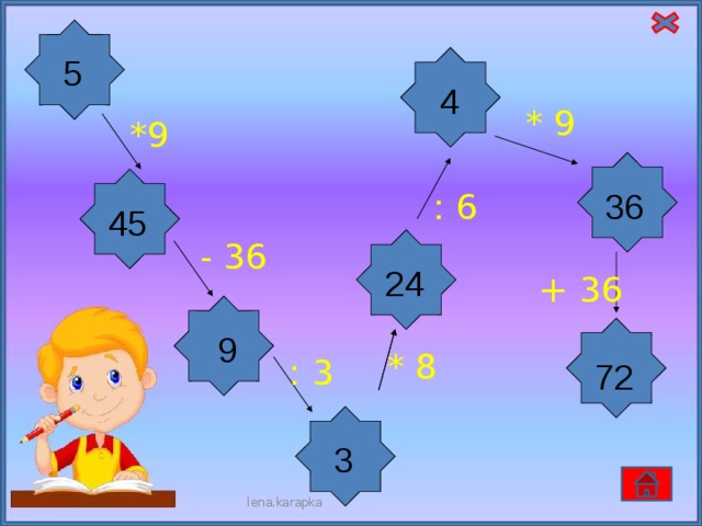 5 4 * 9 *9 : 6 36 45 - 36 24 + 36 9 * 8 : 3 72 3 lena.karapka 