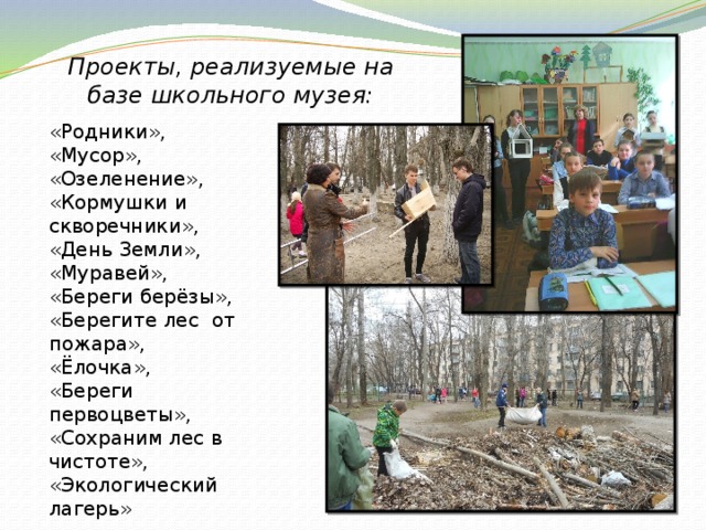 Проекты, реализуемые на базе школьного музея: «Родники», «Мусор», «Озеленение», «Кормушки и скворечники», «День Земли», «Муравей», «Береги берёзы», «Берегите лес от пожара», «Ёлочка», «Береги первоцветы», «Сохраним лес в чистоте», «Экологический лагерь» 
