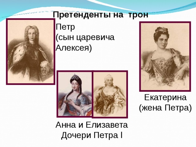 Претенденты на трон Петр (сын царевича Алексея) Екатерина (жена Петра) Анна и Елизавета Дочери Петра l 