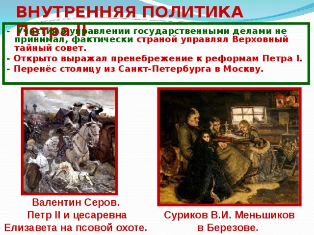 ВНУТРЕННЯЯ ПОЛИТИКА Петра II - Участия в управлении государственными делами не принимал, фактически страной управлял Верховный тайный совет. - Открыто выражал пренебрежение к реформам Петра I. - Перенёс столицу из Санкт-Петербурга в Москву. Валентин Серов. Петр II и цесаревна Елизавета на псовой охоте. Суриков В.И. Меньшиков в Березове. 