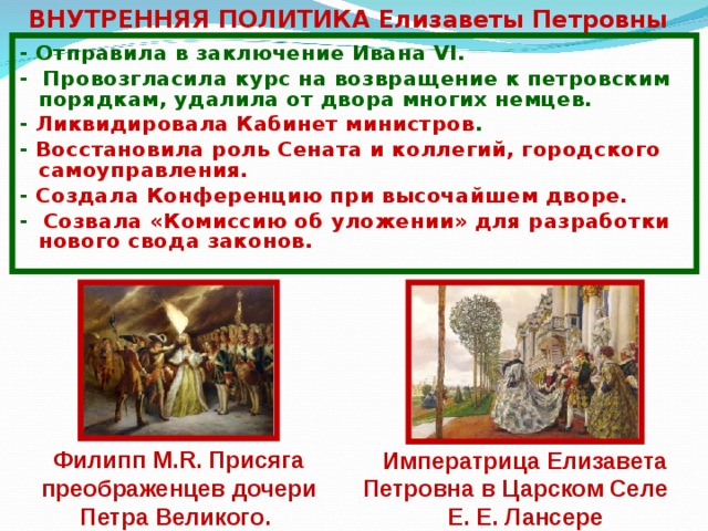 ВНУТРЕННЯЯ ПОЛИТИКА  Елизаветы Петровны - Отправила в заключение Ивана VI. - Провозгласила курс на возвращение к петровским порядкам, удалила от двора многих немцев. - Ликвидировала Кабинет министров . - Восстановила роль Сената и коллегий, городского самоуправления. - Создала Конференцию при высочайшем дворе. - Созвала «Комиссию об уложении» для разработки нового свода законов. Филипп М.R. Присяга преображенцев дочери Петра Великого. Императрица Елизавета Петровна в Царском Селе Е. Е. Лансере 