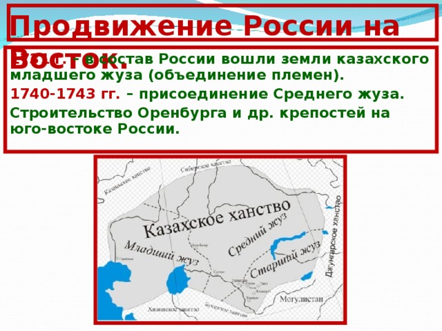 Продвижение России на Восток. 1731 г. – в состав России вошли земли казахского младшего жуза (объединение племен). 1740-1743 гг. – присоединение Среднего жуза. С троительство Оренбурга и др. крепостей на юго-востоке России. 