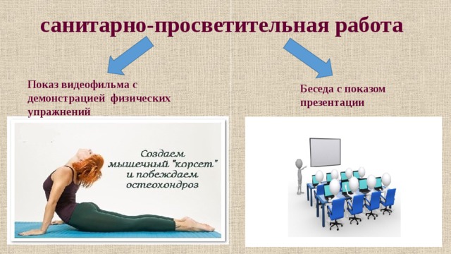 санитарно-просветительная работа Показ видеофильма с демонстрацией физических упражнений Беседа с показом презентации 