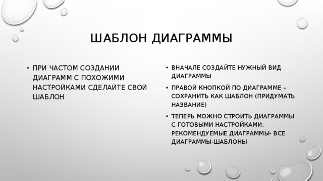 Шаблон диаграммы При частом создании диаграмм с похожими настройками сделайте свой шаблон Вначале создайте нужный вид диаграммы Правой кнопкой по диаграмме – сохранить как шаблон (придумать название) Теперь можно строить диаграммы с готовыми настройками: рекомендуемые диаграммы- все диаграммы-Шаблоны 