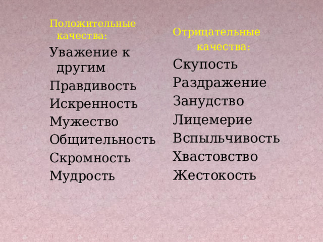 Положительные качества: Уважение к другим Правдивость Искренность Мужество Общительность Скромность Мудрость  Отрицательные  качества: Скупость Раздражение Занудство Лицемерие Вспыльчивость Хвастовство Жестокость 