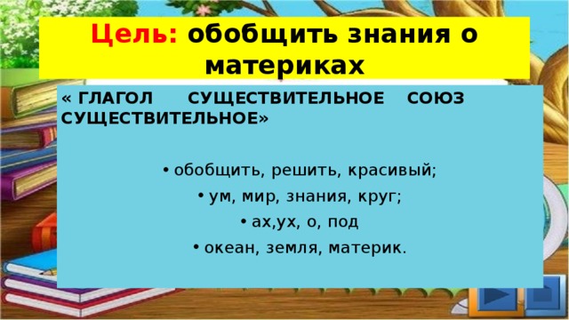Цель: обобщить знания о материках « ГЛАГОЛ СУЩЕСТВИТЕЛЬНОЕ СОЮЗ СУЩЕСТВИТЕЛЬНОЕ»  обобщить, решить, красивый; ум, мир, знания, круг; ах,ух, о, под океан, земля, материк. 
