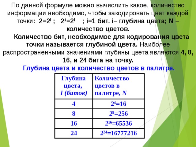 По данной формуле можно вычислить какое, количество информации необходимо, чтобы закодировать цвет каждой точки : 2=2 i ; 2 1 =2 i ; i=1 бит. i– глубина цвета; N – количество цветов.  Количество бит, необходимое для кодирования цвета точки называется глубиной цвета. Наиболее распространенными  значениями глубины цвета являются 4, 8, 16, и 24 бита на точку.  Глубина цвета и количество цветов в палитре. Глубина цвета, I (битов) 4 Количество цветов в палитре , N 8 2 4 =16 2 8 =256 16 24 2 16 =65536 2 24 =16777216 