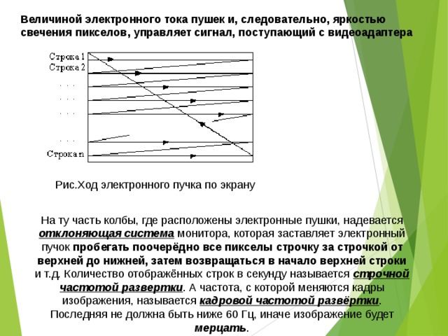 Величиной электронного тока пушек и, следовательно, яркостью свечения пикселов, управляет сигнал, поступающий с видеоадаптера  Рис.Ход электронного пучка по экрану На ту часть колбы, где расположены электронные пушки, надевается отклоняющая система монитора, которая заставляет электронный пучок пробегать поочерёдно все пикселы строчку за строчкой от верхней до нижней, затем возвращаться в начало верхней строки и т.д. Количество отображённых строк в секунду называется строчной частотой развертки . А частота, с которой меняются кадры изображения, называется кадровой частотой развёртки . Последняя не должна быть ниже 60 Гц, иначе изображение будет мерцать . 