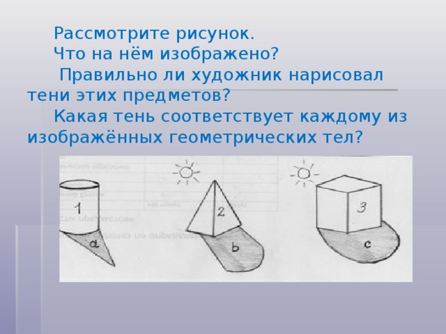 Рассмотрите рисунок. Что на нём изображено?  Правильно ли художник нарисовал тени этих предметов? Какая тень соответствует каждому из изображённых геометрических тел?