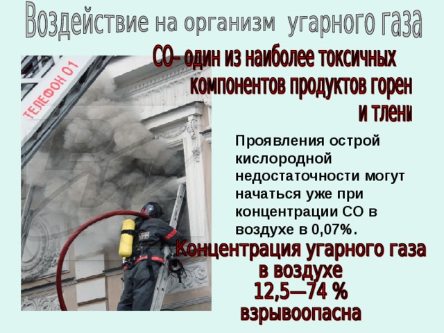 Проявления острой кислородной недостаточности могут начаться уже при концентрации СО в воздухе в 0,07%. 