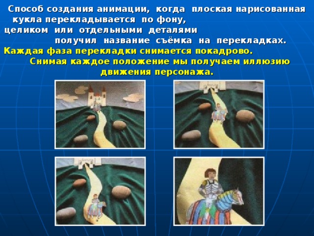 Способ создания анимации, когда плоская нарисованная кукла перекладывается по фону, целиком или отдельными деталями получил название съёмка на перекладках.  Каждая фаза перекладки снимается покадрово. Снимая каждое положение мы получаем иллюзию движения персонажа.   