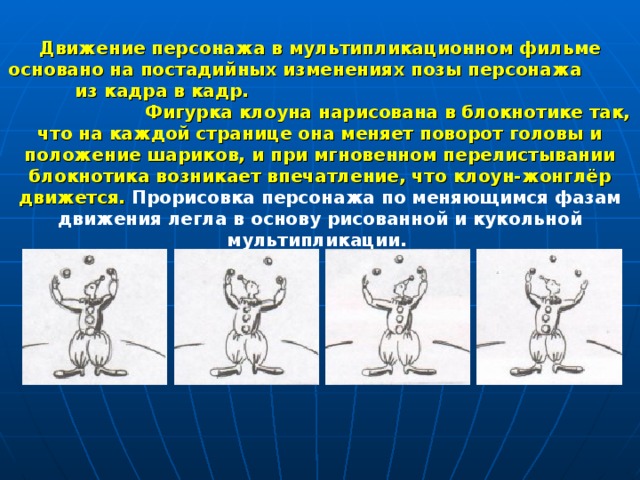 Движение персонажа в мультипликационном фильме основано на постадийных изменениях позы персонажа из кадра в кадр. Фигурка клоуна нарисована в блокнотике так, что на каждой странице она меняет поворот головы и положение шариков, и при мгновенном перелистывании блокнотика возникает впечатление, что клоун-жонглёр движется. Прорисовка персонажа по меняющимся фазам движения легла в основу рисованной и кукольной мультипликации. 