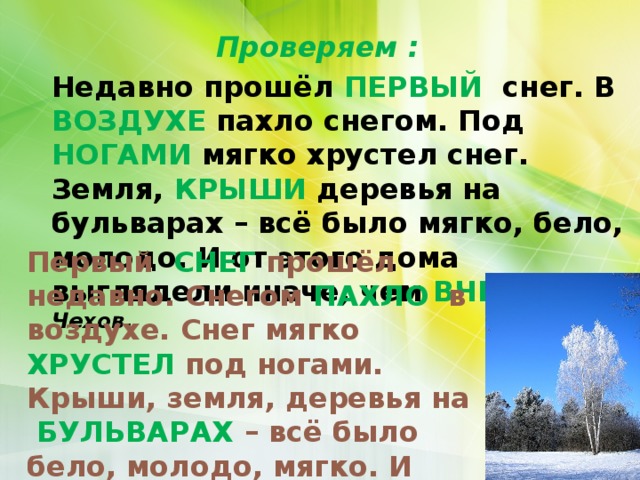Проверяем : Недавно прошёл ПЕРВЫЙ снег. В ВОЗДУХЕ пахло снегом. Под НОГАМИ мягко хрустел снег. Земля, КРЫШИ деревья на бульварах – всё было мягко, бело, молодо. И от этого дома выглядели иначе, чем ВЧЕРА . А. Чехов.      Первый СНЕГ прошёл недавно. Снегом ПАХЛО в воздухе. Снег мягко ХРУСТЕЛ под ногами. Крыши, земля, деревья на БУЛЬВАРАХ – всё было бело, молодо, мягко. И ДОМА от этого выглядели иначе, чем вчера. 