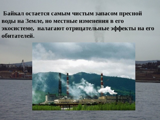  Байкал остается самым чистым запасом пресной воды на Земле, но местные изменения в его экосистеме, налагают отрицательные эффекты на его обитателей . 