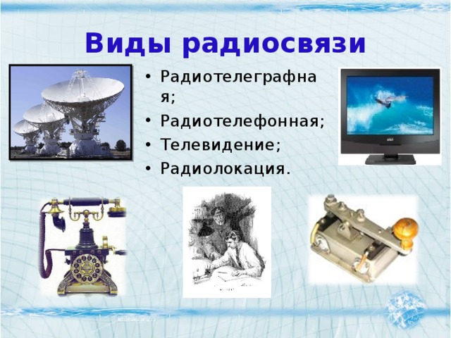 Виды радиосвязи Радиотелеграфная; Радиотелефонная; Телевидение; Радиолокация.   