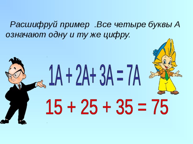  Расшифруй пример .Все четыре буквы А означают одну и ту же цифру. 