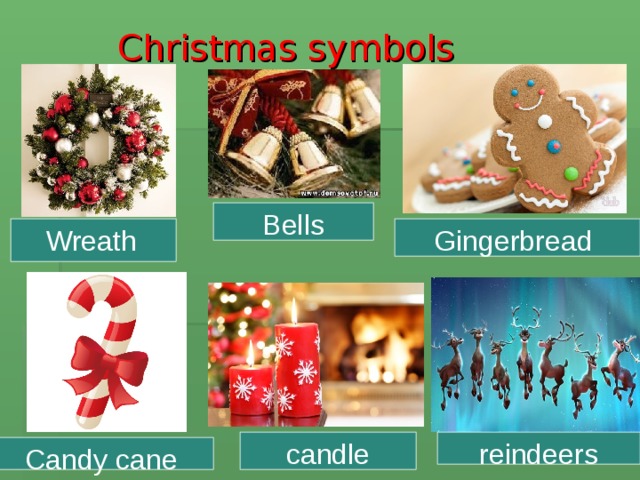  Christmas symbols   Bells Wreath  Gingerbread candle reindeers Candy cane 