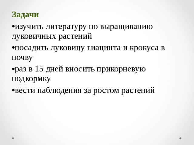 Задачи изучить литературу по выращиванию луковичных растений посадить луковицу гиацинта и крокуса в почву раз в 1 5 дней вносить прикорневую подкормку вести наблюдения за ростом растений 