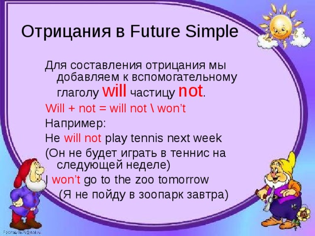 Отрицания в Future Simple Для составления отрицания мы добавляем к вспомогательному глаголу will частицу not . Will + not = will not \ won’t Например: He will  not play tennis next week (Он не будет играть в теннис на следующей неделе) I won’t go to the zoo tomorrow  (Я не пойду в зоопарк завтра) 