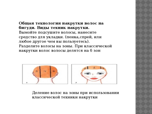 Деление волос на зоны при использовании классической техники накрутки  Общая технология накрутки волос на бигуди. Виды техник накрутки. Вымойте подсушите волосы, нанесите средство для укладки. (пенка,спрей, или любое другое чем вы пользуетесь). Разделите волосы на зоны. При классической накрутки волос волосы делятся на 6 зон 
