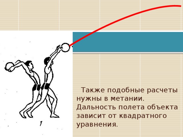  Также подобные расчеты нужны в метании. Дальность полета объекта зависит от квадратного уравнения. 