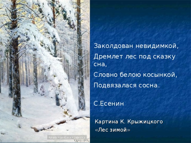 Заколдован невидимкой, Дремлет лес под сказку сна, Словно белою косынкой, Подвязалася сосна.  С.Есенин Картина К. Крыжицкого «Лес зимой» 